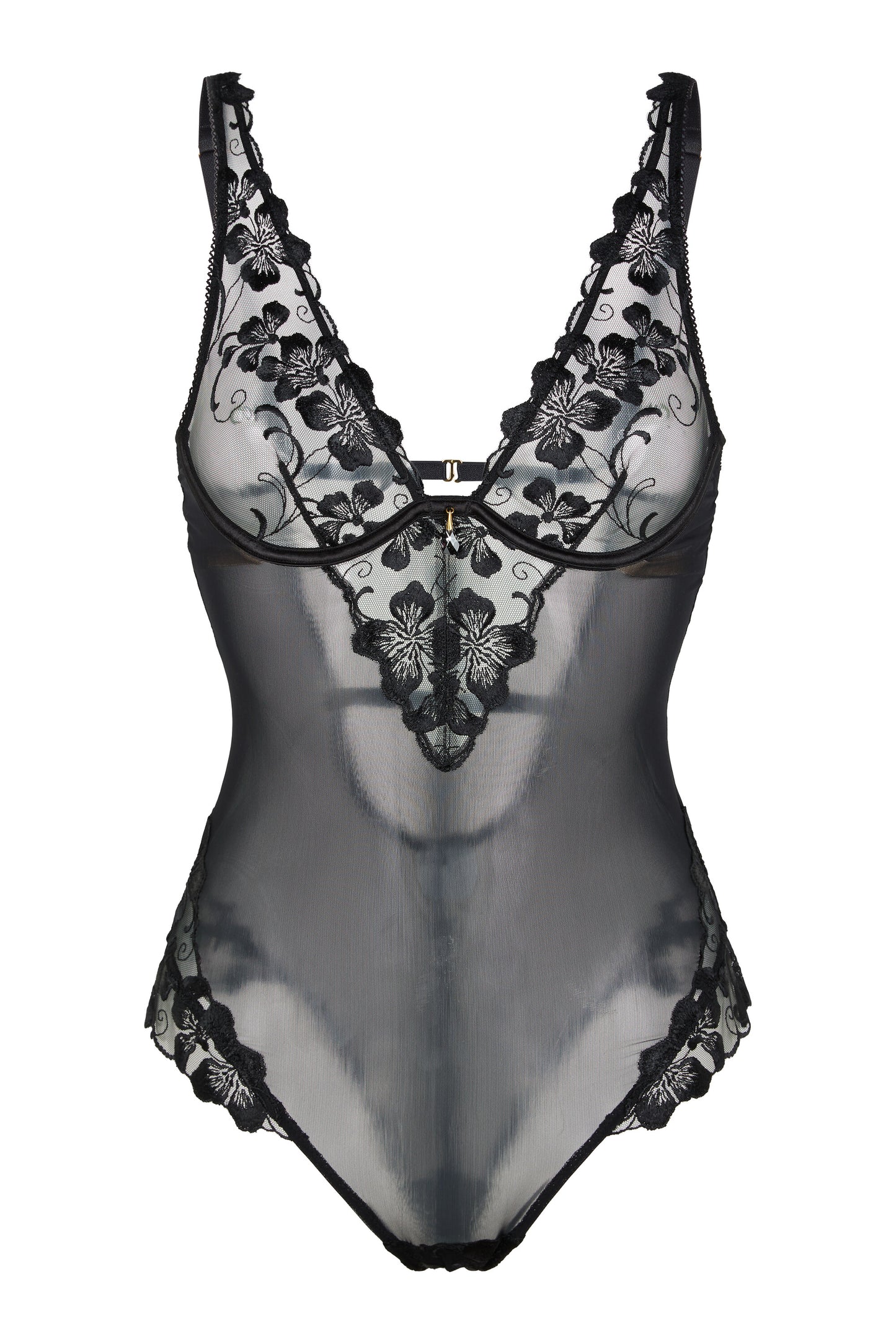 Valerie black embroidered bodysuit with underwired cups, sheer tulle panels and contouring mesh on a white background.