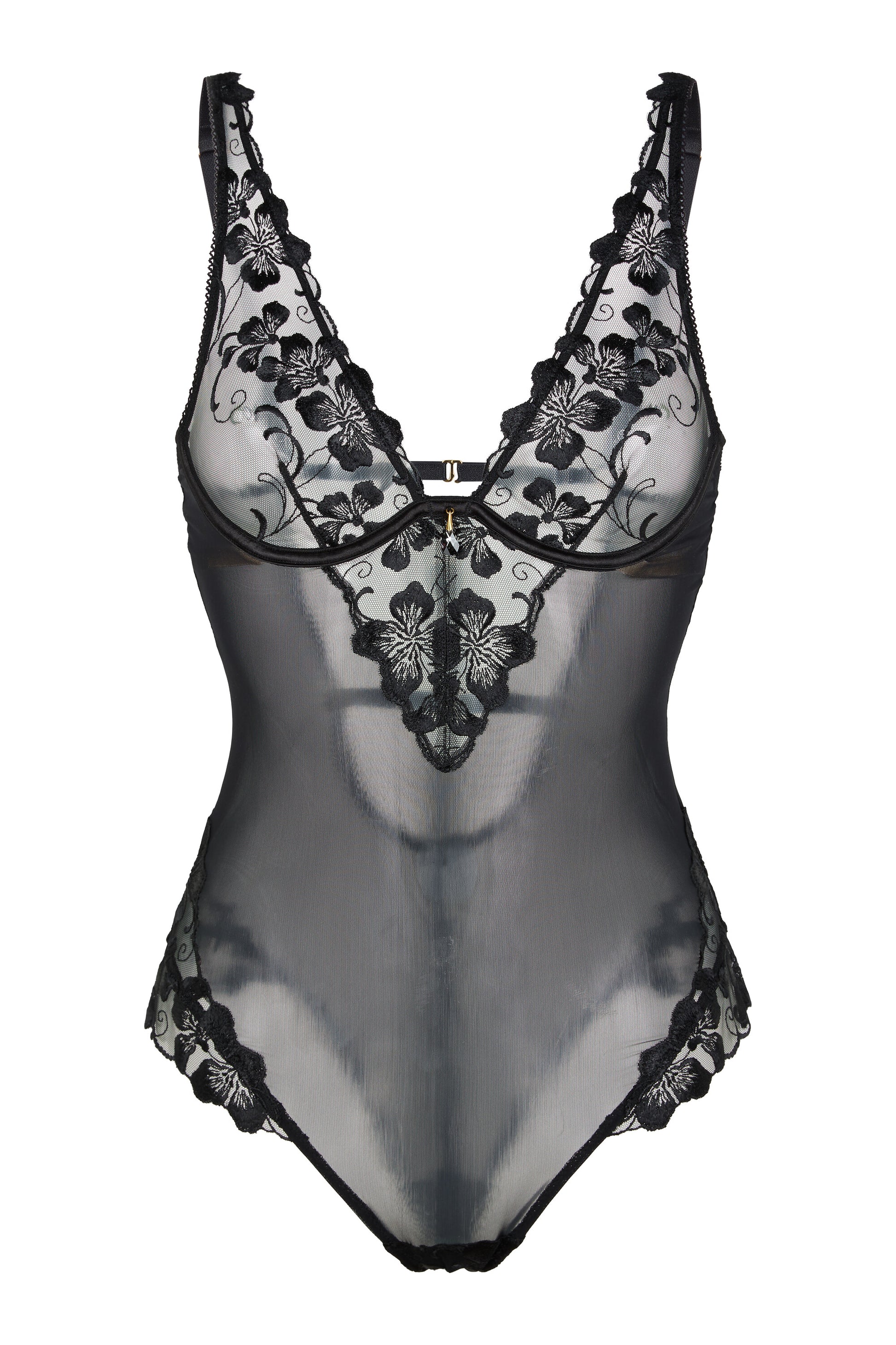 Valerie black embroidered bodysuit with underwired cups, sheer tulle panels and contouring mesh on a white background.