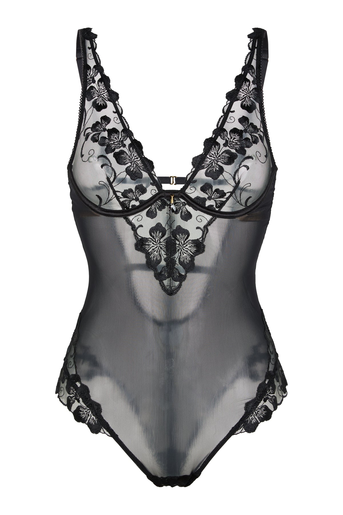 Valerie black embroidered bodysuit with underwired cups, sheer tulle panels and contouring mesh on a white background.