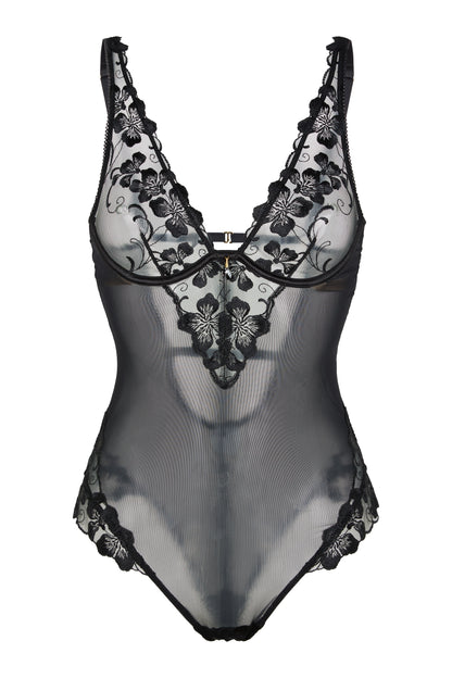 Valerie black embroidered bodysuit with underwired cups, sheer tulle panels and contouring mesh on a white background.