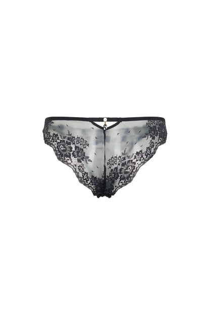 Back view of the Valerie black brief with Italian lace back, gold-tone hardware and Austrian crystal centrepiece on a white background.