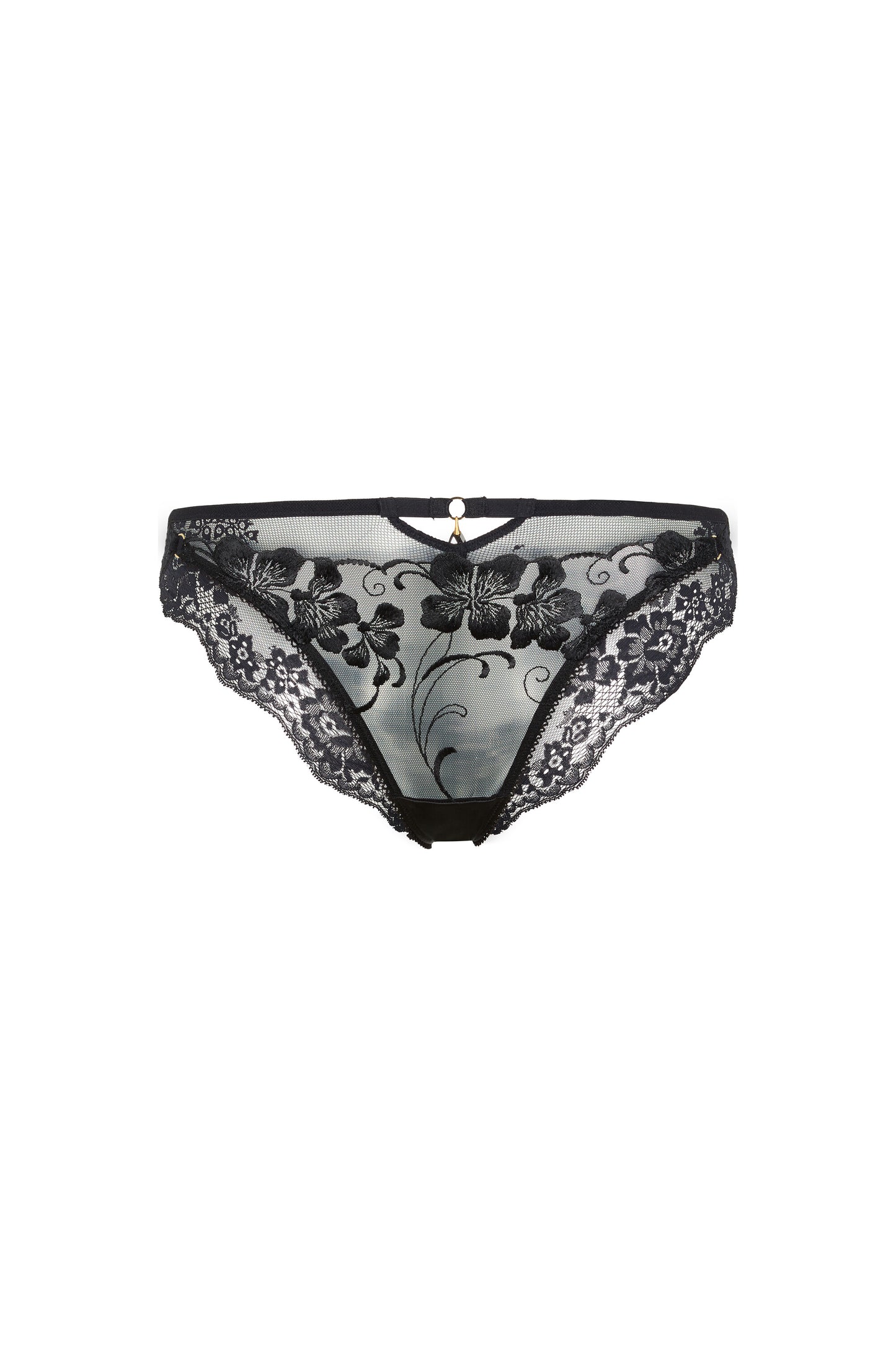 Valerie black brief panties with Swiss embroidery over sheer tulle and delicate Italian lace on a white background.