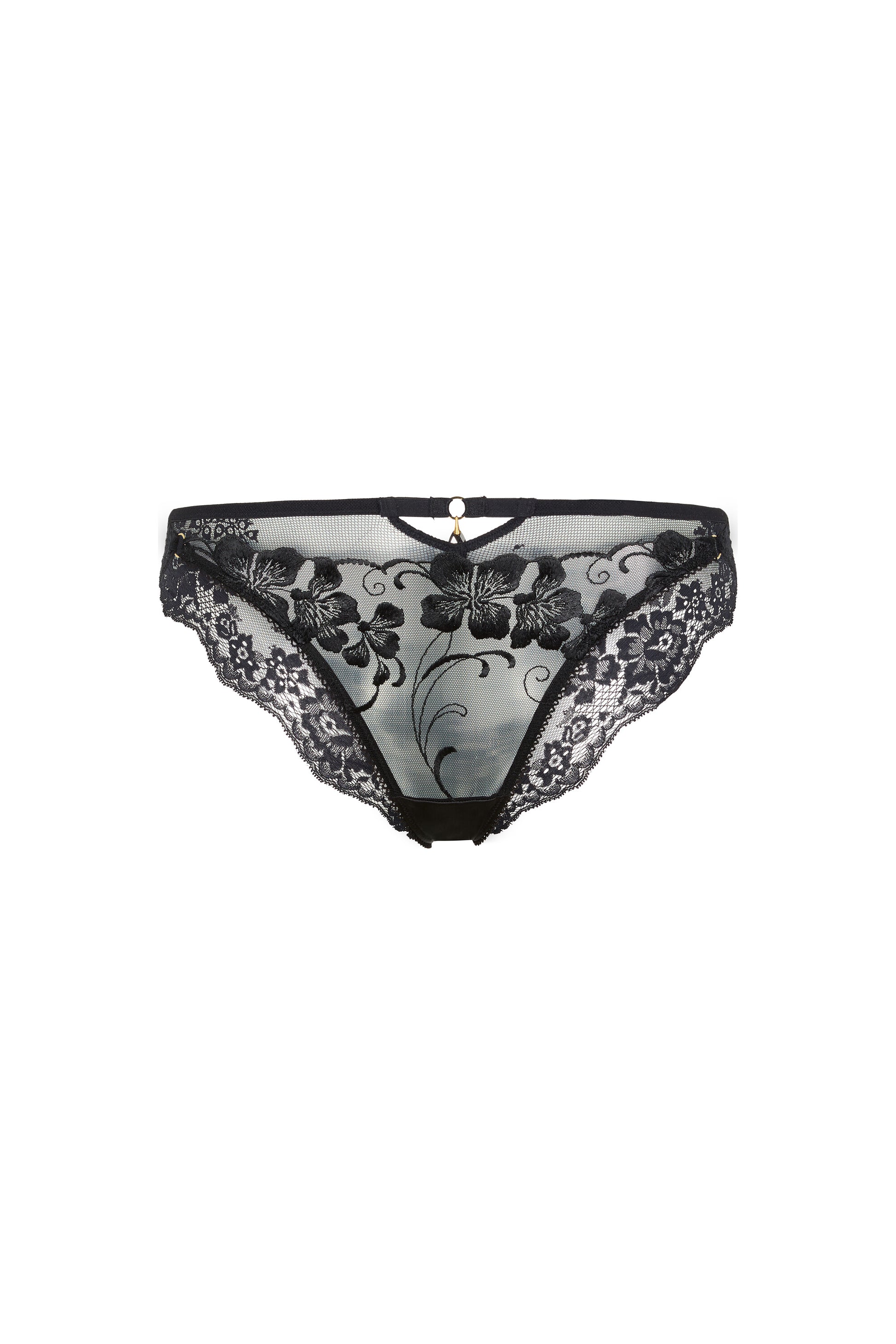 Valerie black brief panties with Swiss embroidery over sheer tulle and delicate Italian lace on a white background.