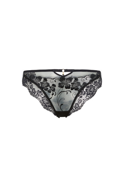 Valerie black brief panties with Swiss embroidery over sheer tulle and delicate Italian lace on a white background.
