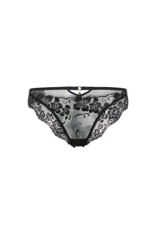 Valerie black brief panties with Swiss embroidery over sheer tulle and delicate Italian lace on a white background.