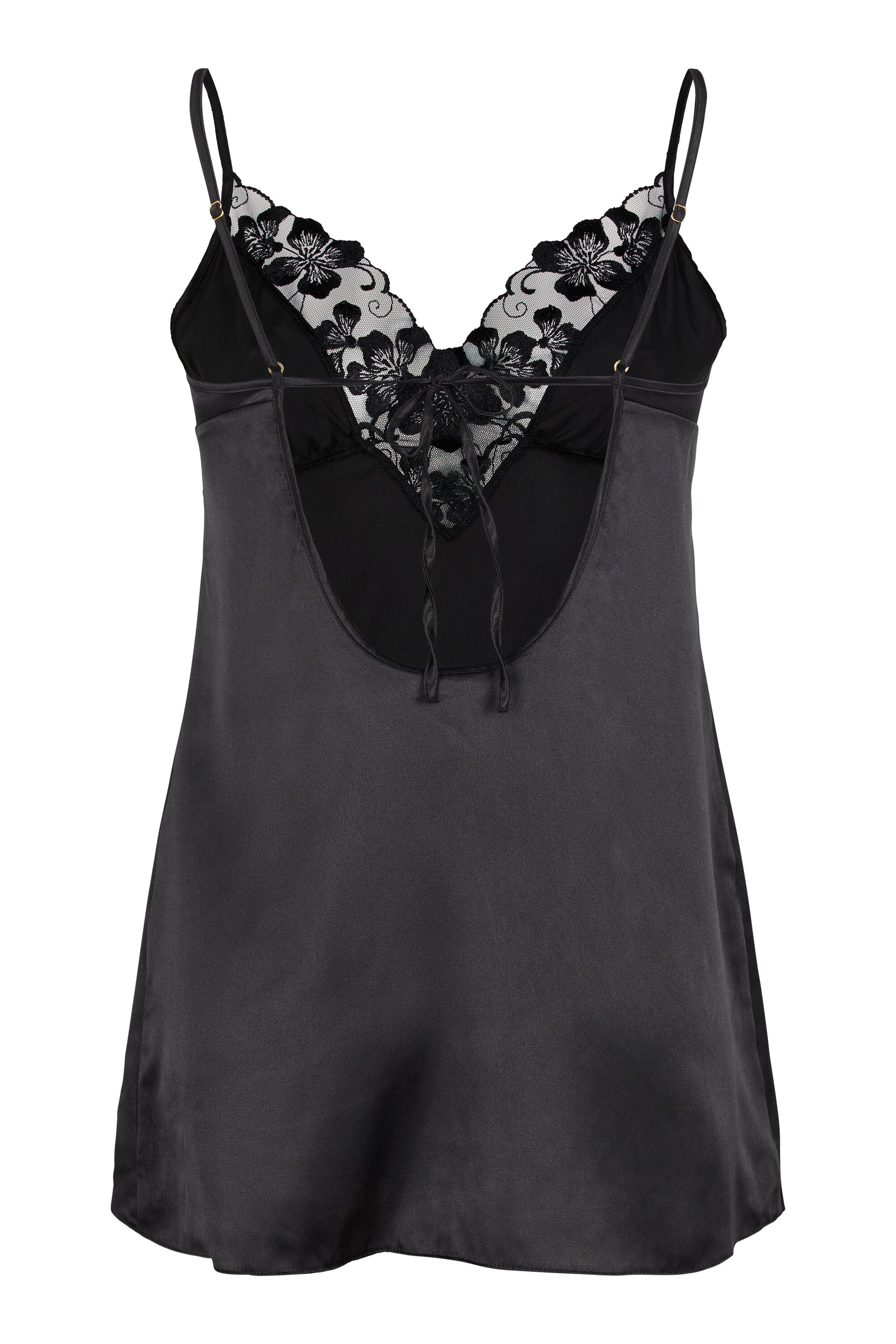 Back view of the Valerie black satin chemise with adjustable satin straps, soft Italian satin and subtle gold-tone hardware on a white background.