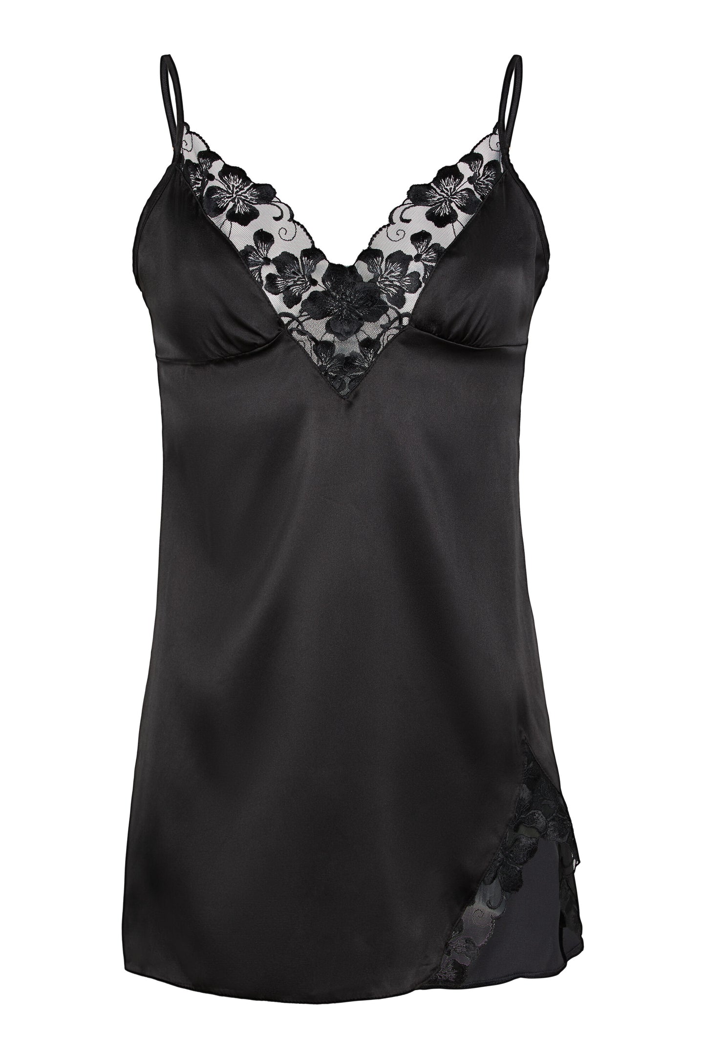 Valerie black chemise with Swiss embroidered tulle neckline, side split and adjustable satin straps on a white background.