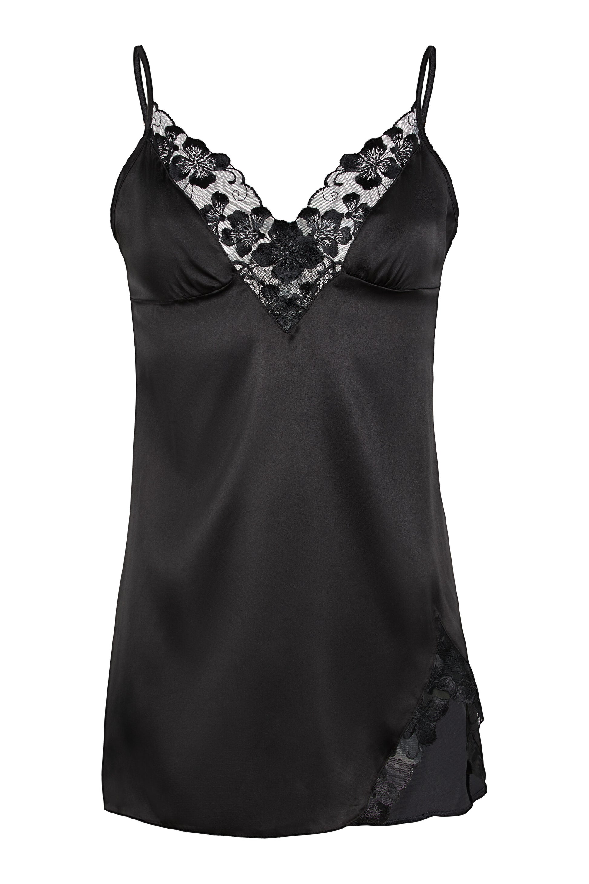 Valerie black chemise with Swiss embroidered tulle neckline, side split and adjustable satin straps on a white background.
