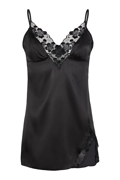 Valerie black chemise with Swiss embroidered tulle neckline, side split and adjustable satin straps on a white background.