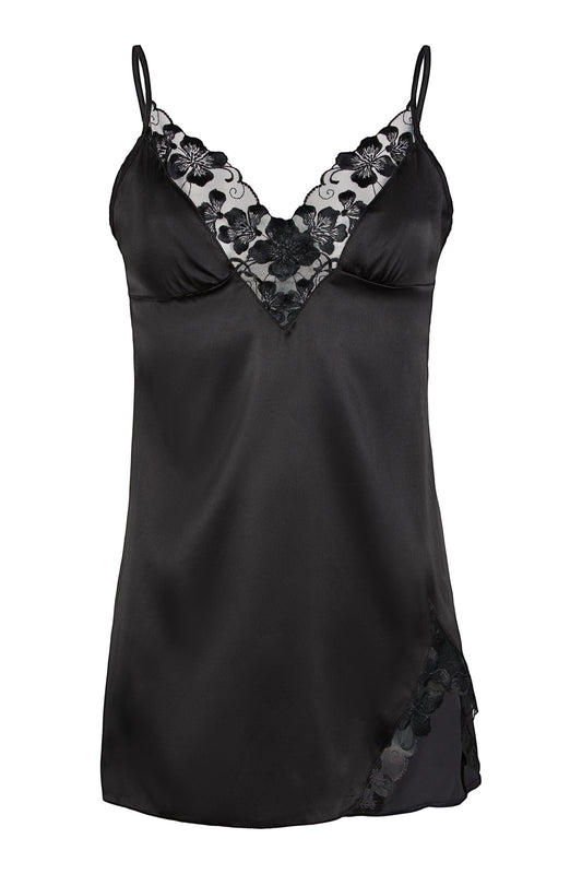 Valerie black chemise with Swiss embroidered tulle neckline, side split and adjustable satin straps on a white background.