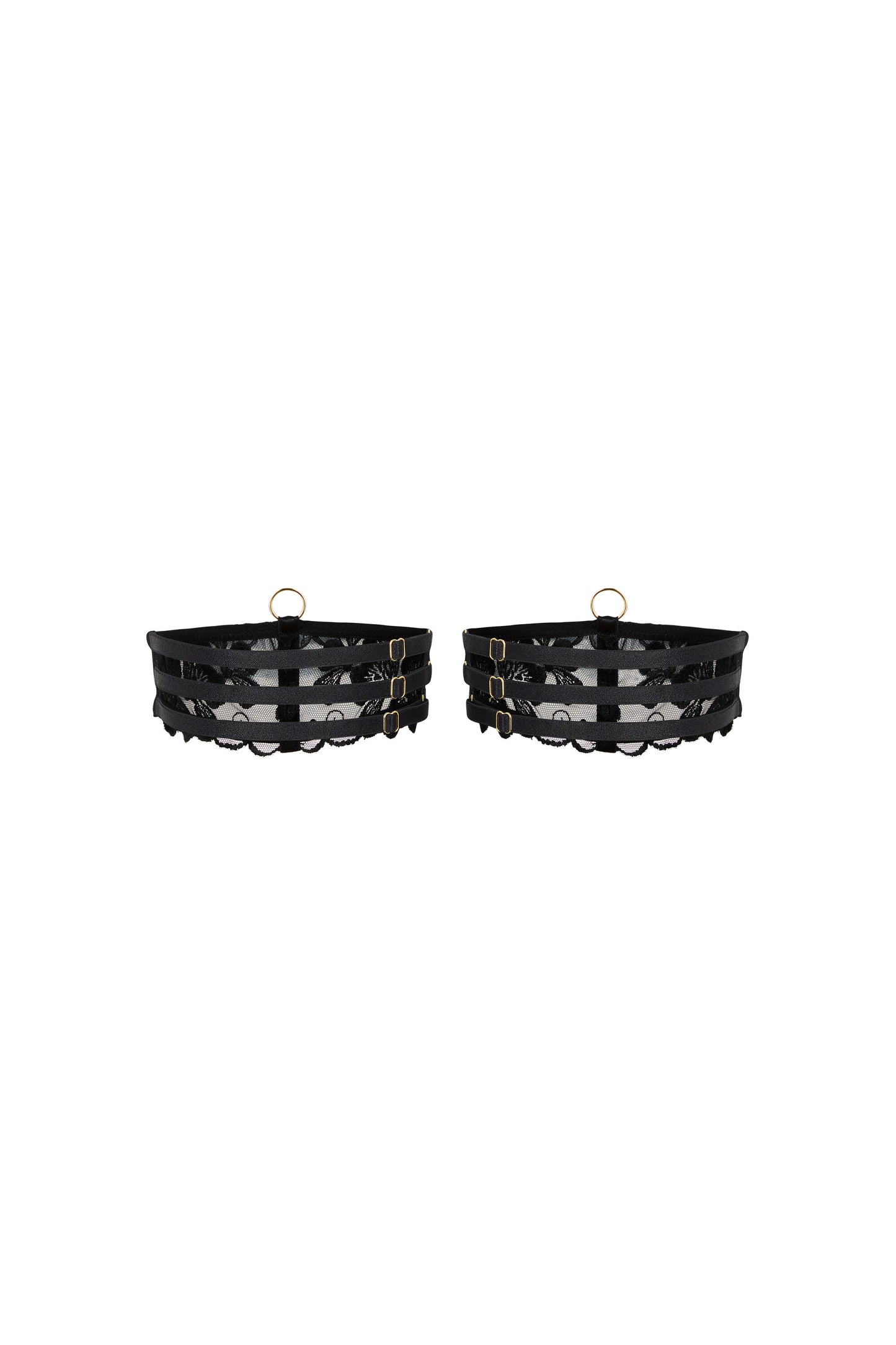 Back view of the Valerie black thigh garters with sheer embroidered tulle, adjustable straps and gold-tone hardware on a white background.
