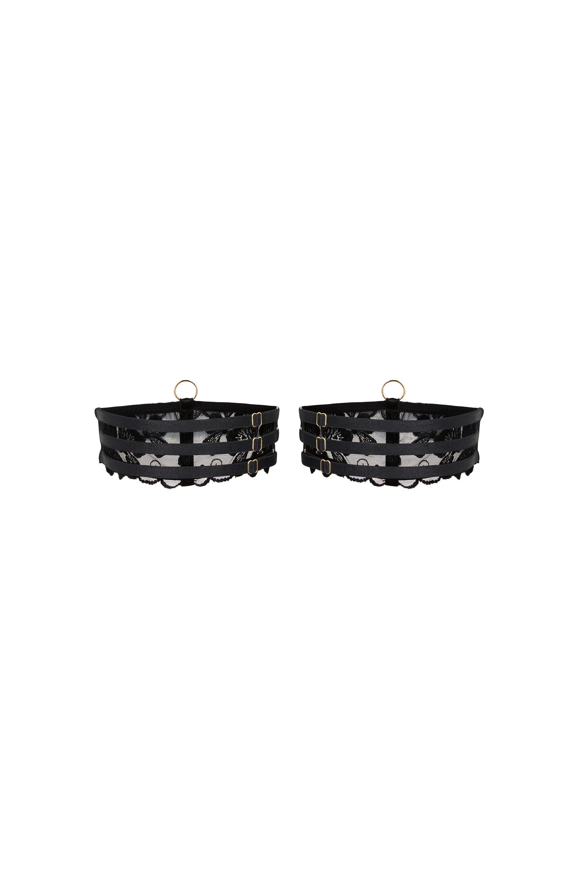 Back view of the Valerie black thigh garters with sheer embroidered tulle, adjustable straps and gold-tone hardware on a white background.