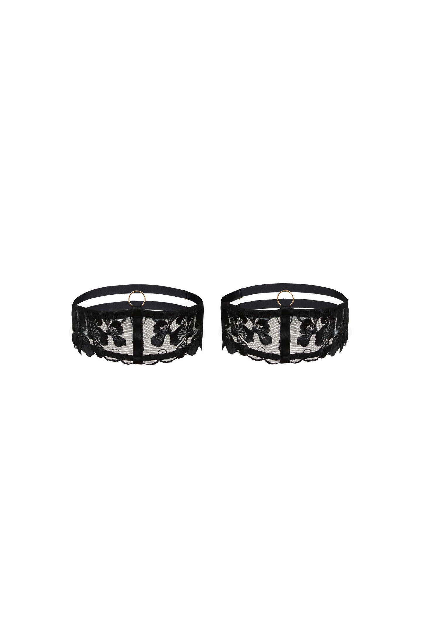 Valerie black thigh garters with Swiss embroidery over sheer tulle, adjustable straps and gold-tone hardware on a white background.