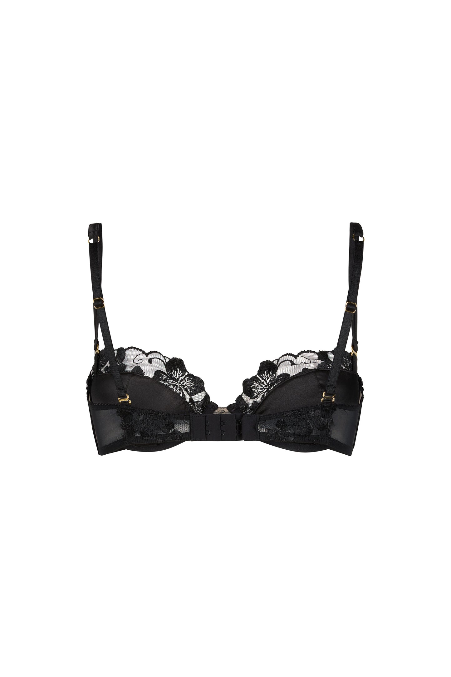 Back view of the Valerie black push-up bra with detachable satin straps, sheer tulle wings, embroidered back detailing and hook-and-eye closure on a white background.