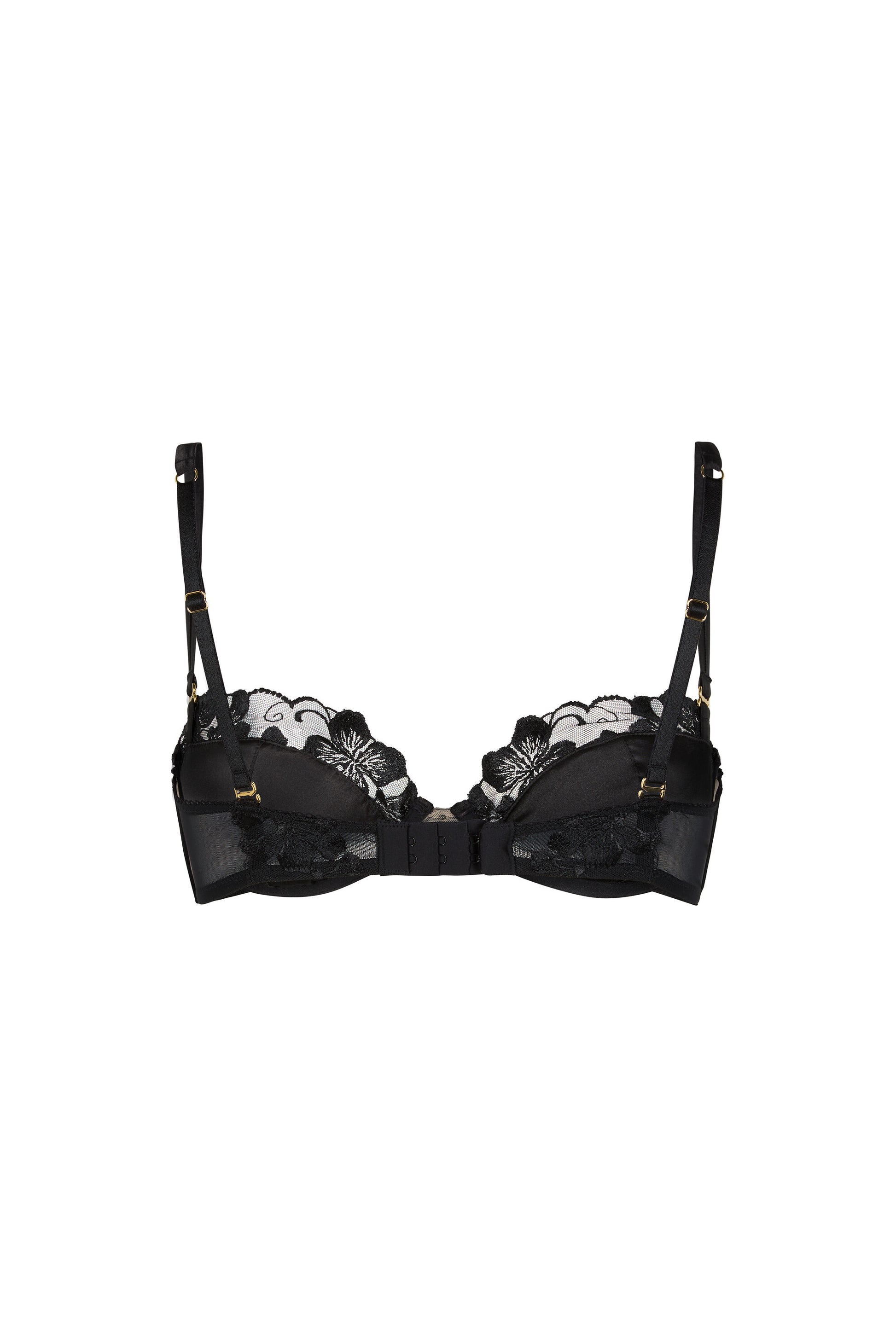 Back view of the Valerie black push-up bra with detachable satin straps, sheer tulle wings, embroidered back detailing and hook-and-eye closure on a white background.