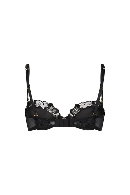 Back view of the Valerie black push-up bra with detachable satin straps, sheer tulle wings, embroidered back detailing and hook-and-eye closure on a white background.