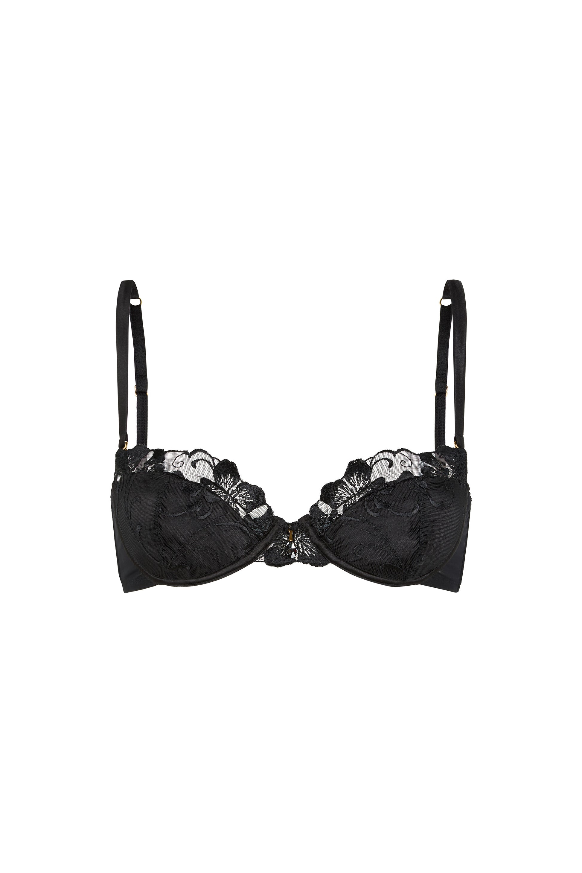 Valerie black push-up bra with Swiss embroidery, sheer tulle, padded cups and Austrian crystal centrepiece on a white background.