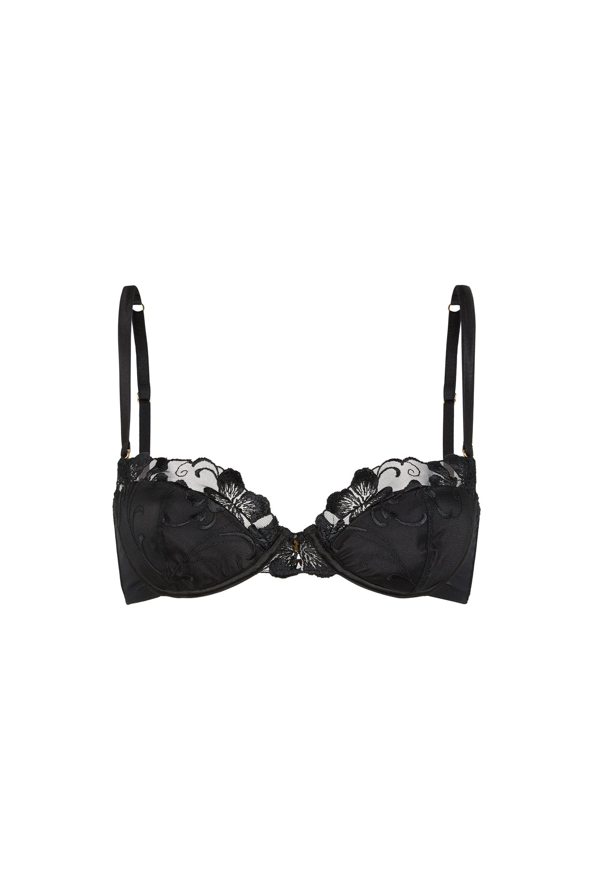 Valerie black push-up bra with Swiss embroidery, sheer tulle, padded cups and Austrian crystal centrepiece on a white background.
