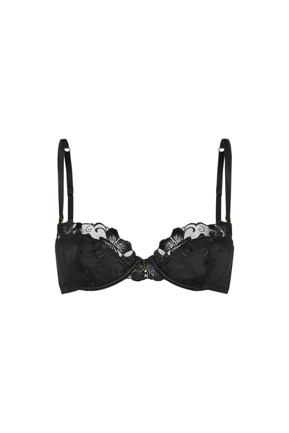 Valerie black push-up bra with Swiss embroidery, sheer tulle, padded cups and Austrian crystal centrepiece on a white background.
