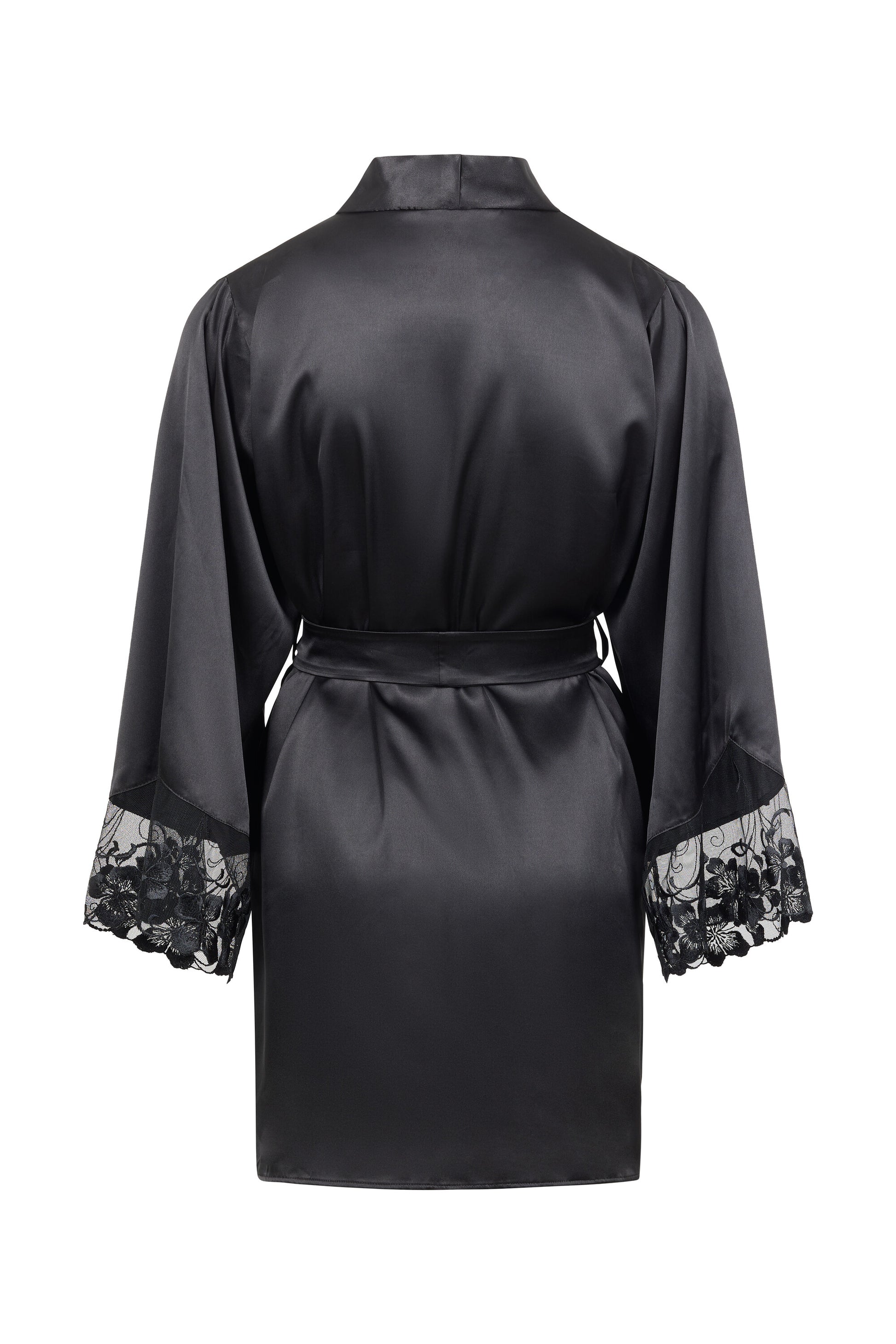 Back view of the Valerie black satin robe with Swiss embroidered tulle sleeves, Italian satin drape and tailored waist belt on a white background.