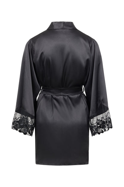 Back view of the Valerie black satin robe with Swiss embroidered tulle sleeves, Italian satin drape and tailored waist belt on a white background.