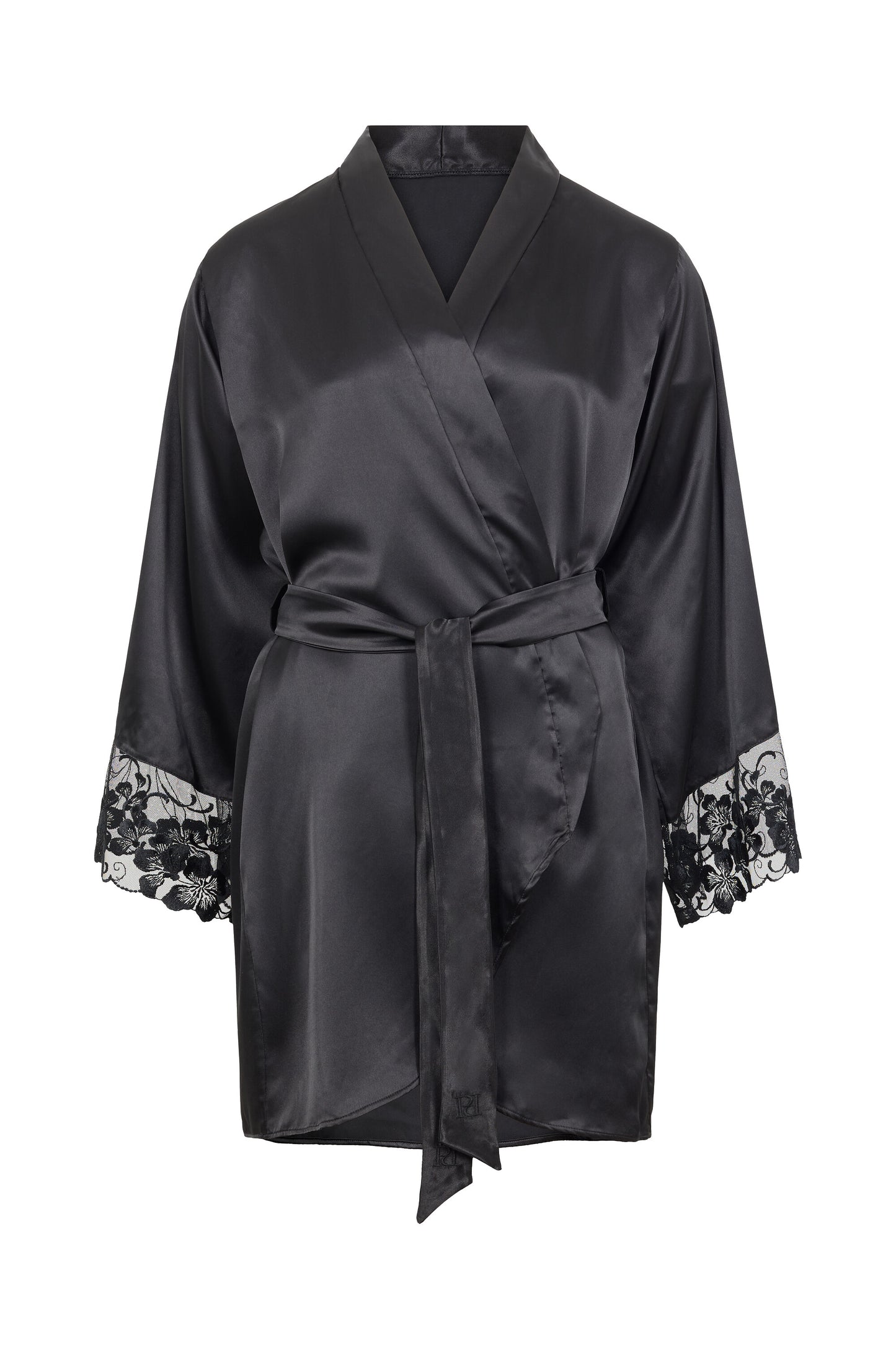 Valerie black luxury satin robe with Swiss embroidered sheer tulle sleeves and tailored waist belt on a white background.