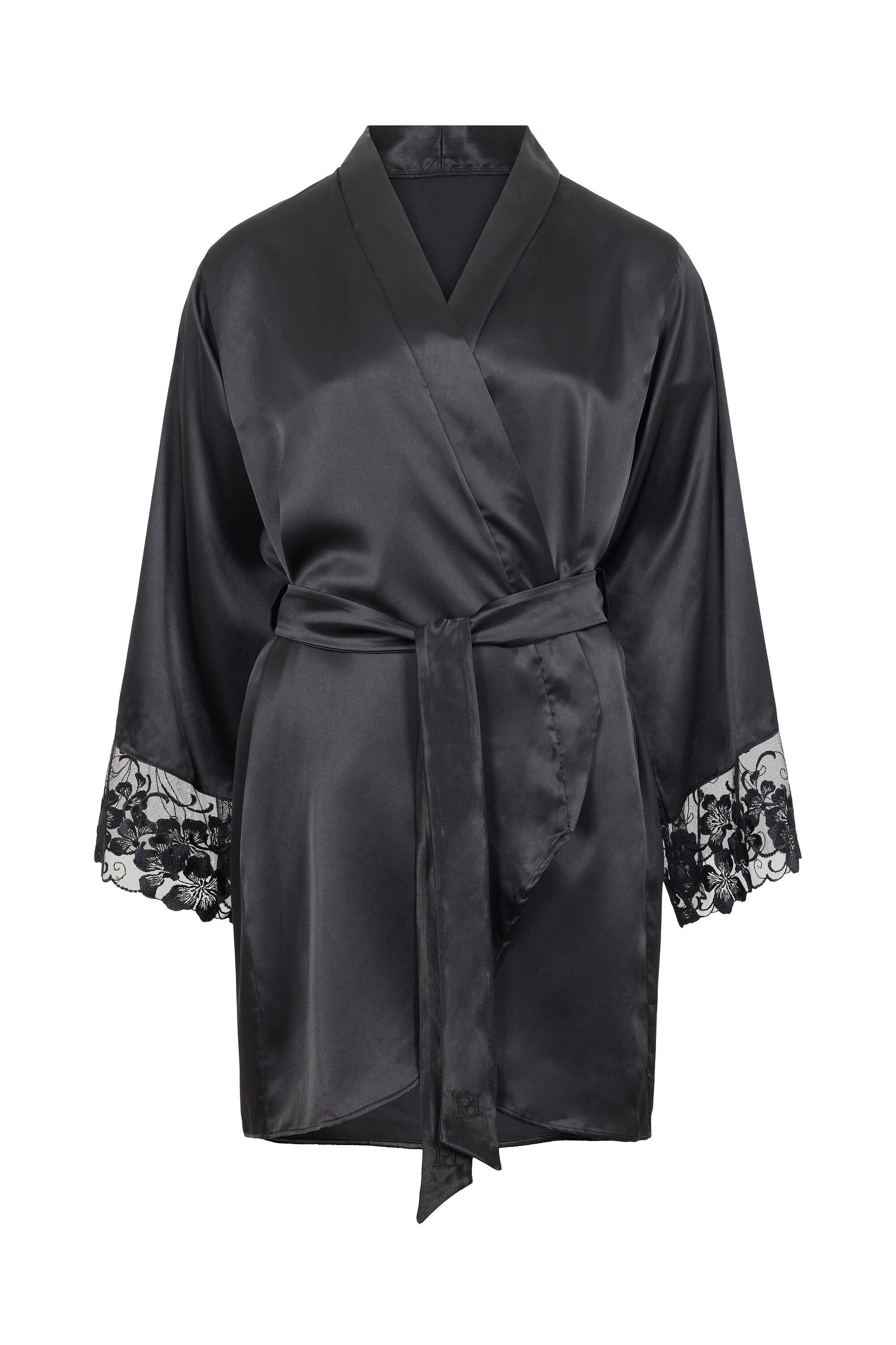 Valerie black luxury satin robe with Swiss embroidered sheer tulle sleeves and tailored waist belt on a white background.