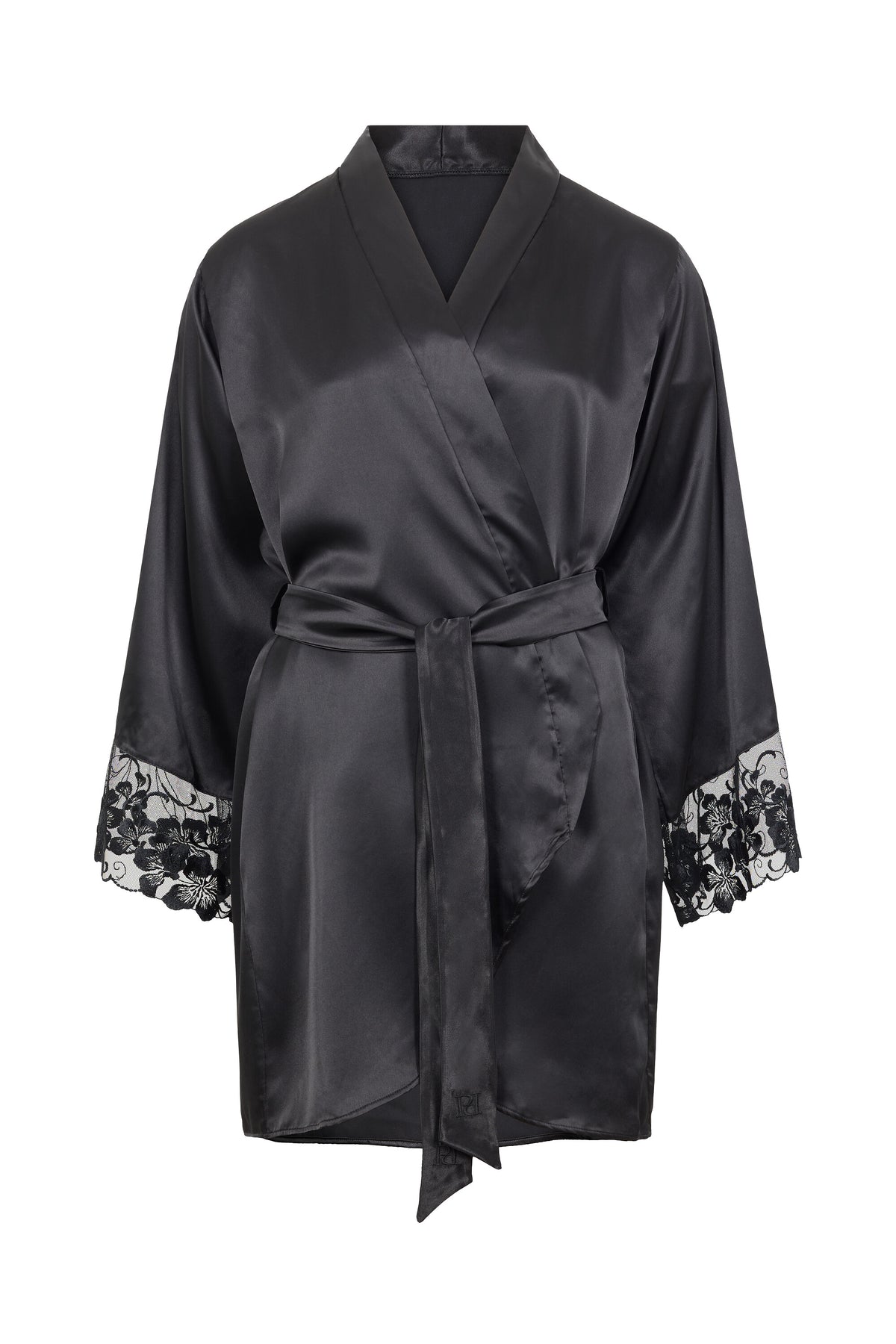 Valerie black luxury satin robe with Swiss embroidered sheer tulle sleeves and tailored waist belt on a white background.