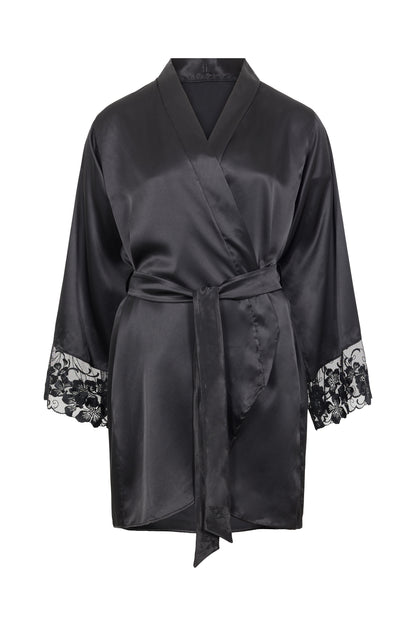 Valerie black luxury satin robe with Swiss embroidered sheer tulle sleeves and tailored waist belt on a white background.