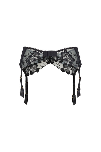 Back view of the Valerie black suspender belt with sheer tulle, adjustable garter straps and hook-and-eye closure on a white background.