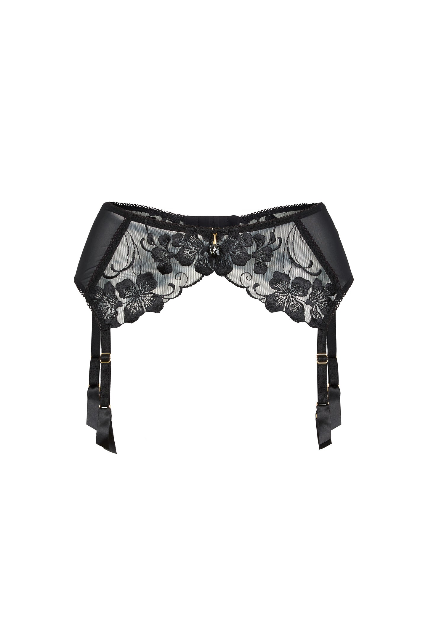 Valerie black suspender belt with Swiss embroidery, sheer tulle, adjustable garter straps and Austrian crystal centrepiece on a white background.