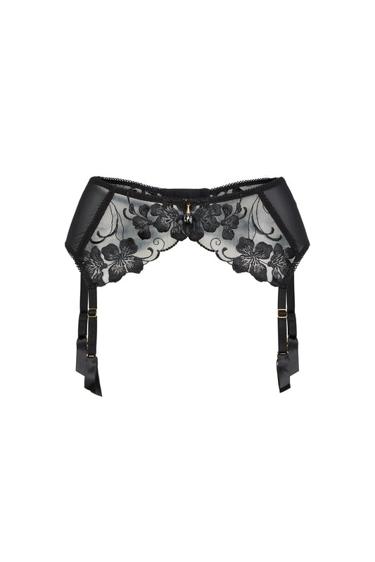 Valerie black suspender belt with Swiss embroidery, sheer tulle, adjustable garter straps and Austrian crystal centrepiece on a white background.