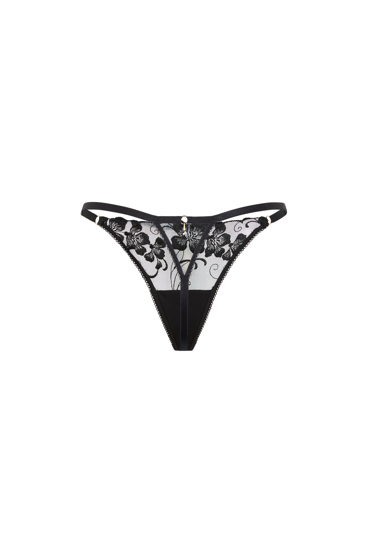 Back view of the Valerie black thong with adjustable satin side straps, gold-tone hardware and Austrian crystal centrepiece on a white background.