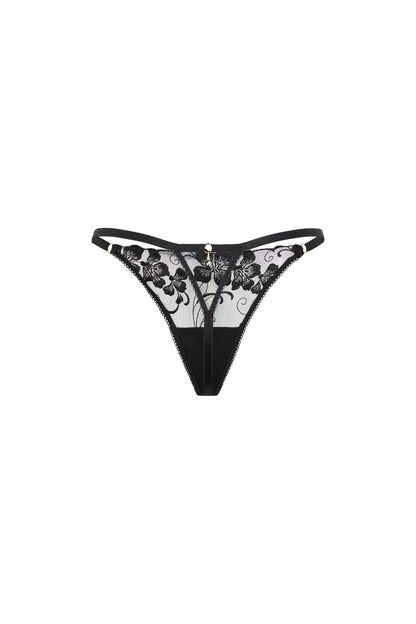 Back view of the Valerie black thong with adjustable satin side straps, gold-tone hardware and Austrian crystal centrepiece on a white background.